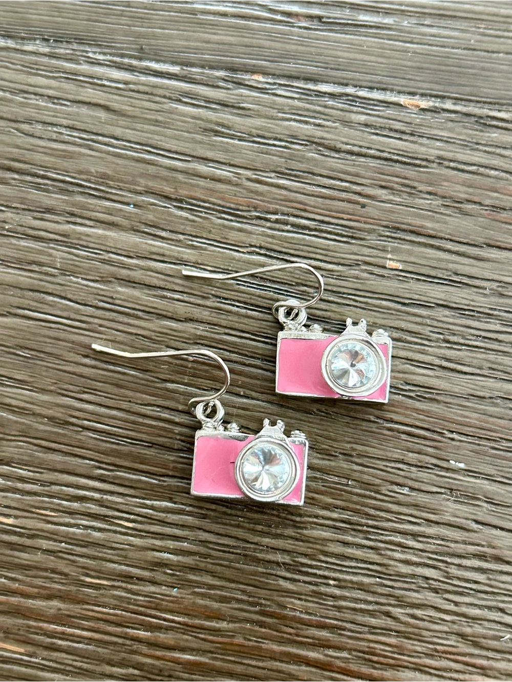Silver Pink Camera Enamel Charm Photographer Drop Earrings